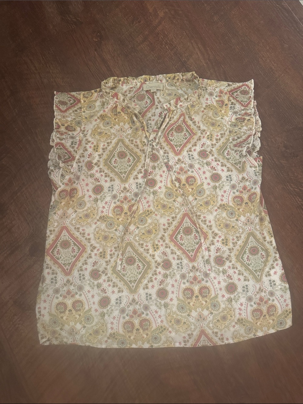Chenault Cream Paisley Diamond Print Ruffle Sleeve Blouse